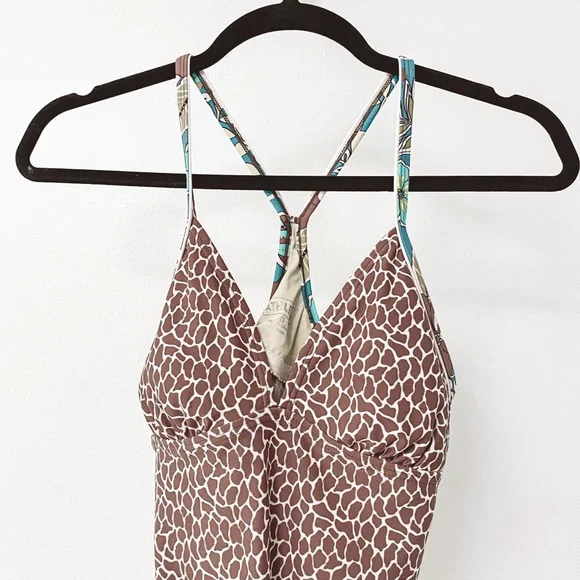 Athleta Giraffe Animal Print Plunge Tankini Summer‎ Break Sprint Swim Top Brown - Picture 4 of 7
